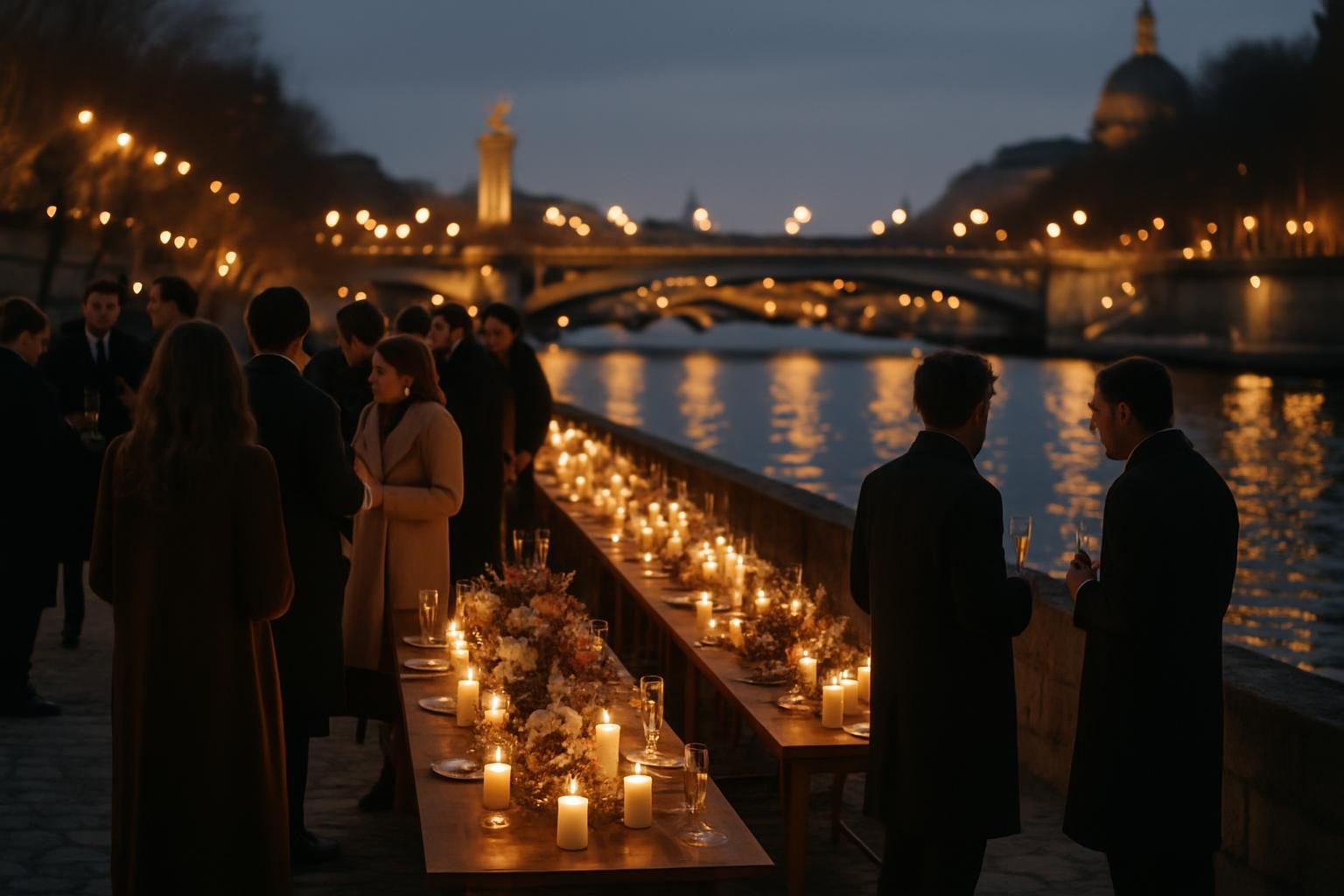 Cocktail de fin d'année entreprise sur les quais de Seine à Paris, tables dressées avec bougies, reflets dorés sur l'eau et ponts illuminés en arrière-plan